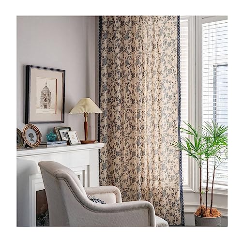 Thermovorhang Hitzeschutz Kräuselband, Semi Blackout Vorhang mit Pflanzen Blumenmuster für Schlafzimmer, Wohnzimmer Dekoration aus Baumwolle Leinen, Beige Blau-Rod, 150x220CM-2 STÜCK von Mesnt