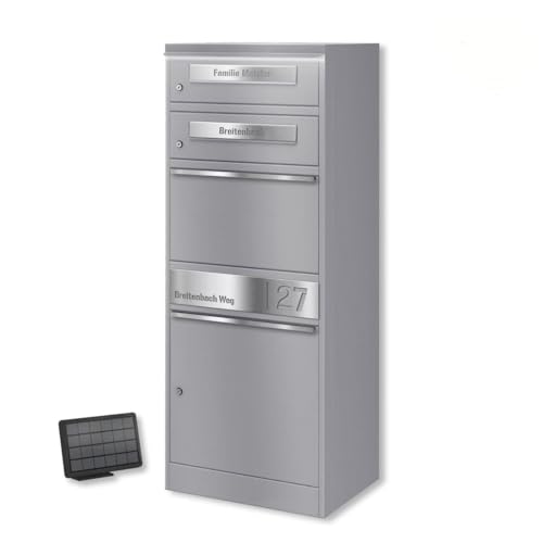 Metzler Paketbox mit 2 Briefkästen und LED solar Beleuchtung, 2er Briefkasten mit Paketfach & Namensgravur, Gravurplatten aus Edelstahl - Großer Outdoor Paketbriefkasten in Graualuminium - Bispo 2 Metzler Paketbox mit 2 Briefkästen und LED solar Beleuchtung, 2er Briefkasten mit Paketfach & Namensgravur, Gravurplatten aus Edelstahl - Großer Outdoor Paketbriefkasten in Graualuminium - Bispo 2 von Metzler