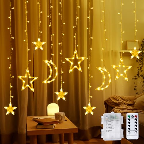 Lichterkette Batterie, 12er Sterne Lichtervorhang, Sterne Mond LED Lichterketten 138LEDs,IP65 Wasserdicht Warmweiß Lichterketten Batterie für Kinderzimmer Schlafzimmer Hochzeit Garten Innen Außen von Mexllex