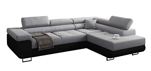 Miami Ecksofa Schlaffunktion, Eckcouch mit Bettkasten, L Form Couch, Schlafsofa mit bettfunktion, Ecksofa mit Bettkasten, Ottomane Rechts, 272 x 203 cm (Hellgrau + Schwarzer Kunstleder -EKO) von Miami