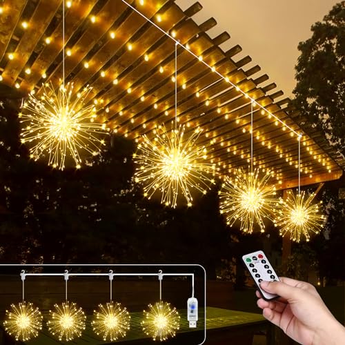 Micacorn Feuerwerk Lichterkette, 4Pack Hängende USB Feuerwerk Lichter 480 LEDs 8 Modes Starburst Wasserdichte Kupferdraht Lichter Feen Lichter mit Fernbedienung für Home Xmas Party Dekorationen von Micacorn