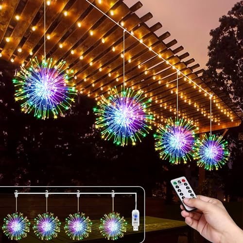 Micacorn Feuerwerk Lichterkette, 4Pack Hängende USB Feuerwerk Lichter 480 LEDs 8 Modes Starburst Wasserdichte Kupferdraht Lichter Feen Lichter mit Fernbedienung für Home Xmas Party Dekorationen von Micacorn