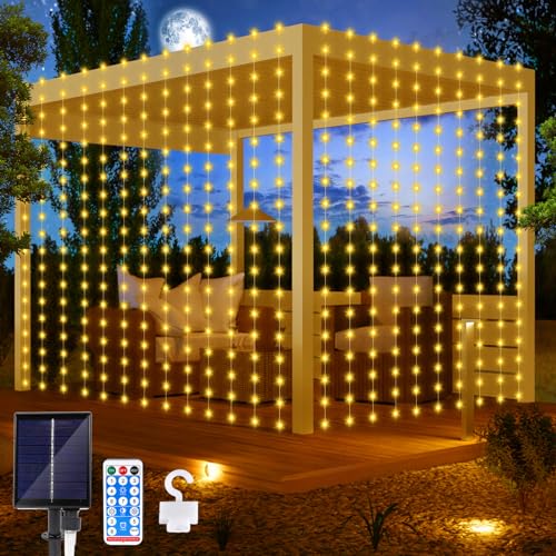 Solar Lichterketten Aussen, Solar Lichtervorhang 3Mx3M 300 LED Wasserfall Lichterkette 8 Modi Wasserdichte Vorhang Lichter mit Fernbedienung für Weihnachten Hochzeit Party Garten Dekorationen von Micacorn