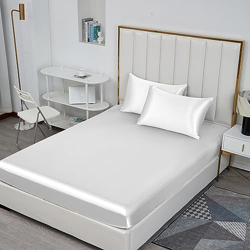 Michorinee Satin Spannbettlaken 140x200cm Weiß Glatt Seide Glanzsatin Bettlaken Boxspringbett Topper Microfaser Spannbetttuch für Matratze bis 25 cm von Michorinee