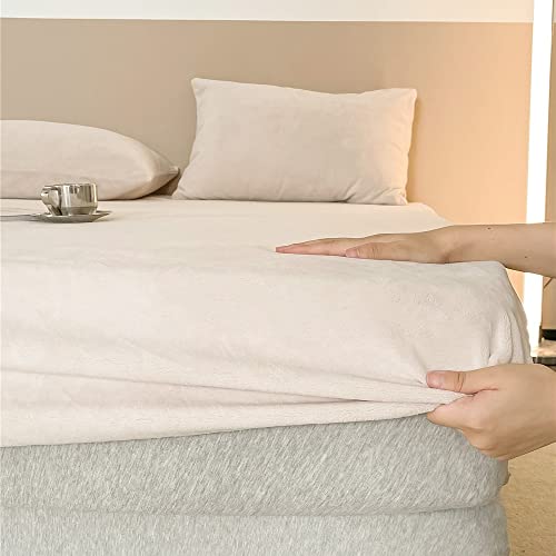 Michorinee Warme Fleece Spannbettlaken 160x200cm Cashmere Touch Kuschelig Flauschig Plüsch Flanell Bettlaken Spannbetttuch für Boxspringbett Topper Matratze bis 30 cm Hohe Creme Weiß von Michorinee