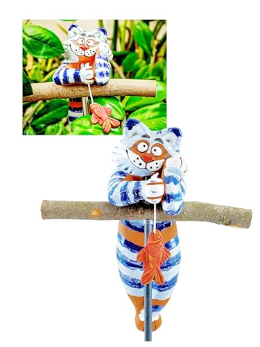 Midene Gartenstecker Keramik Handgefertigt - Gartendeko für Draußen Wetterfest - Garten Deko Keramik - Gartenfiguren & Gartenstatuen - Katze Felix mit Fisch von Midene