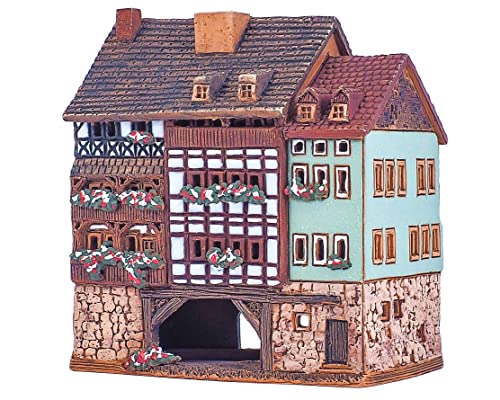 Midene Keramik Art Teelichthalter Raumdeko Handgefertigtes Sammlerstück Miniatur Lichthaus Kramerbrucke Brücke in Erfurt, Deutschland S23-2 von Midene