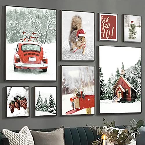 Milaiart Winter-Schnee-Landschaft, Bild, Wandkunst, Leinwand, Gemälde, roter Weihnachtsmannhut, Kiefern, Elch, Poster und Druck, Weihnachten, Zuhause, Innenraumdekoration (B, 40 x 50 cm, ohne Rahmen) von Milaiart