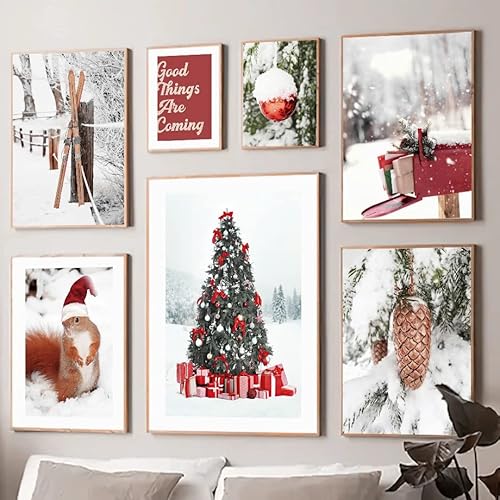 Nordische Landschaft Bild Leinwand Gemälde Wandkunst Schnee Santa Hut Kiefer Poster und Druck für modernes Zuhause Wohnzimmer Weihnachtsdekoration (E, 21 x 30 cm, ohne Rahmen) von Milaiart