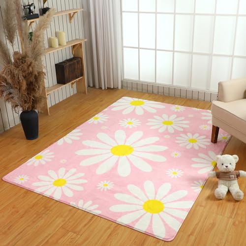 Mindsoft Rosa Gänseblümchen-Teppich, waschbar, Boho-Blumenteppich für Wohnzimmer, Mädchen, Schlafzimmer, Kinderzimmer, rutschfest, weich, niedlich, flauschig, weiß und gelb, Frühlingsblumen-Capet, von Mindsoft