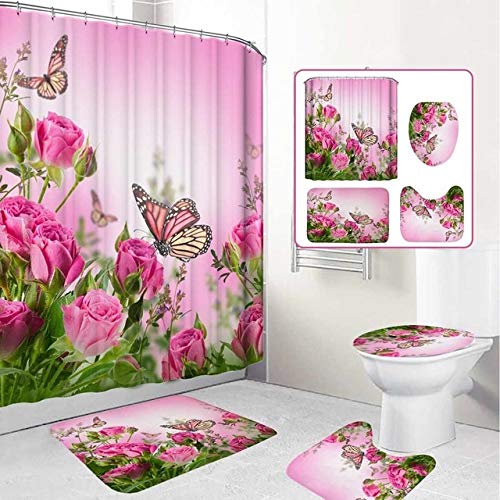 Blume Schmetterling Gedruckte Duschvorhänge Badvorhang Pink Rose Bad Set Toilettensitzbezug Teppiche rutschfeste Badematte 180 * 180Cm von AIDEMEI