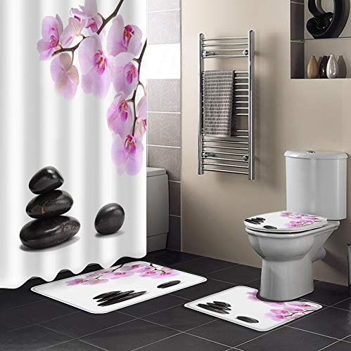 Minyose Orchidee Schwarz Stein Rosa Blume Weiß Duschvorhang Teppichabdeckung Toilettenbezug Badmatte Pad Set Bad Vorhang Wohnkultur 180 * 180Cm von Minyose