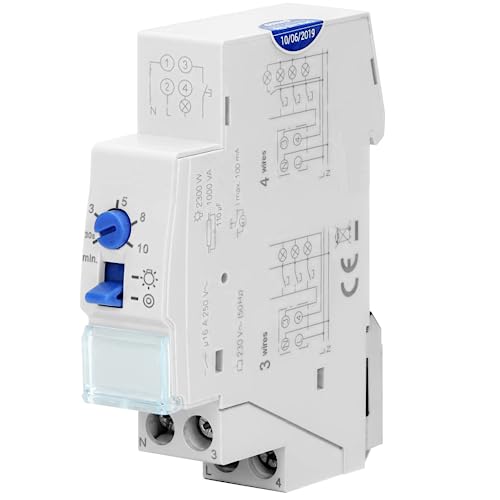 Miratic Treppenhausautomat 230V Treppenhaus Zeitschalter DIN-Schiene Installierbarer Treppenhausautomat Hutschiene 3- oder 4-Draht-Installation 1 Modul von Miratic