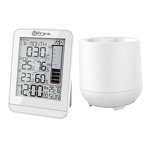 Design Funk-Wetterstation mit Regenmesser Datumsanzeige LCD-Display Temperaturanzeige Hygrometer Innen- & Außentemperatur (Weiß) von Miraval