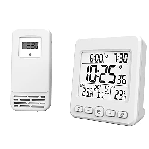 Miraval LCD Funk-Wetterstation mit Außensensor Wecker Funkuhr Kalender Datum 2 Alarme Bleuchteter Display (Weiß) von Miraval