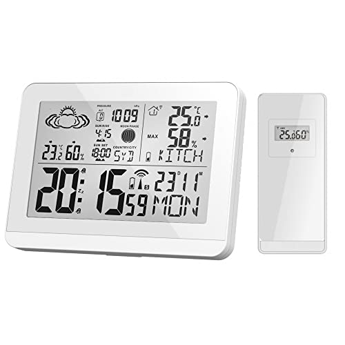 Moderne Design Funk-Wetterstation mit Aussensensor bennenbar Mondphase Sonnenaufgang Sonnenuntergang 2 Alarme Hygrometer Temperaturanzeige Datumsanzeige Wettervorhersage (Weiß) von Miraval