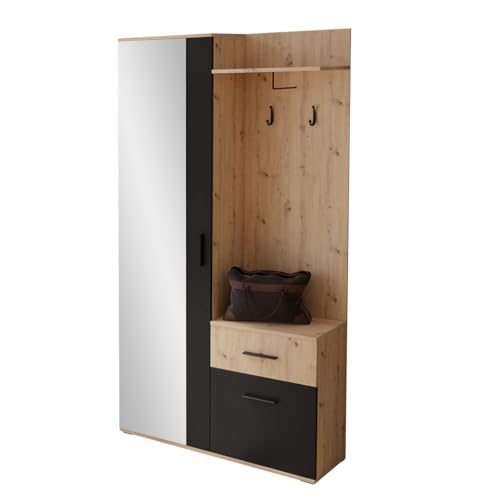 Mirjan24 Garderoben-Set Epic, praktische Wandgarderobe mit 2 Kleiderhaken, Schrank und Schuhschrank geeignet als Flurgarderobe (Artisan/Schwarz) von Mirjan24