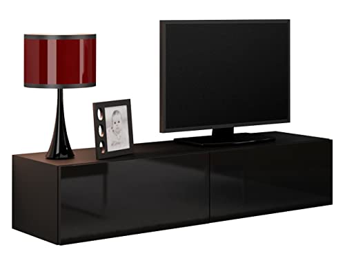 Mirjan24 TV Schrank Vigo, Fernsehschrank, TV Lowboard mit Grifflose Öffnen, Hängeschrank Hochglanz Matt Wohnwand (Länge: 140 cm, Schwarz/Schwarz Hochglanz) von Mirjan24