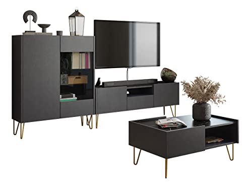 Mirjan24 Wohnzimmer-Set Madaris II, Wohnzimmerschrank, Anbauwand, Schrankwand, Metallfüße mit Gold pulverbeschichtet, im Set: TV Lowboard, Vitrine, Couchtisch (Schwarz Graphit/Marmor Schwarz Royal) von Mirjan24