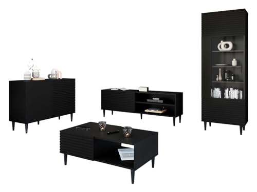 Mirjan24 Wohnzimmer-Set Nakomo II, Anbauwand, Wohnzimmerschrank, Schrankwand, Griffloses Öffnungssystem, geriffelte Fronten, im Set: Vitrine, Couchtisch, Kommode, TV Schrank (Schwarz) von Mirjan24