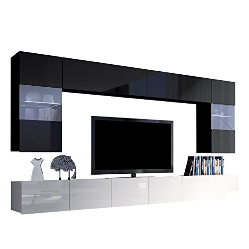 Moderne Wohnwand Calabrini I, Anbauwand Mediawand Hängevitrine TV Lowboard Wandregal Wohnzimmerschrank Fernsehschrank (mit Blauer LED Beleuchtung, Schwarz + Schwarz Hochglanz/Weiß + Weiß Hochglanz) von Mirjan24