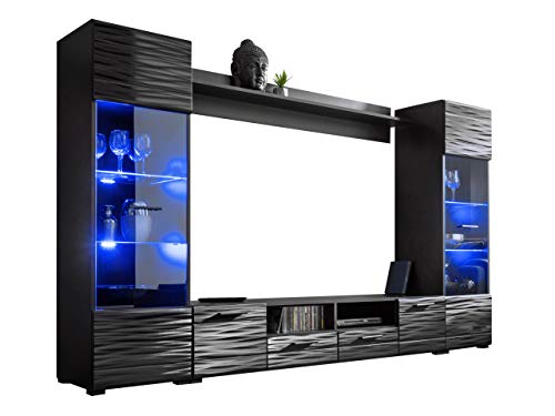 Wohnwand Modica mit Dekorative Beleuchtung LED RGB mit Fernbedienung, Anbauwand, Wohnzimmerschrank, Vitrine, TV-Lowboard, Wandregal (Schwarz/Sahara Hochglanz) von Mirjan24