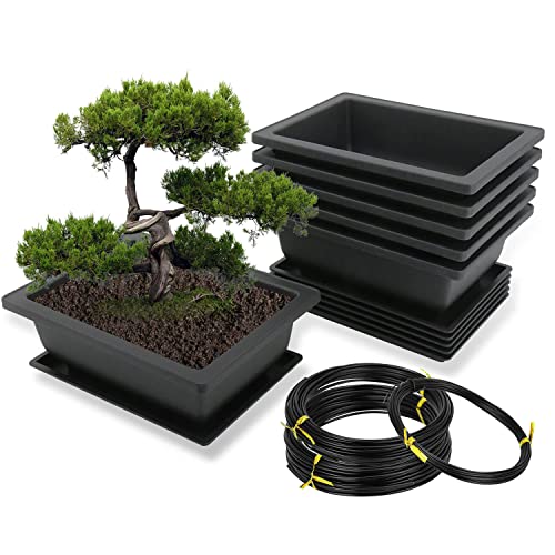 MissFox Bonsai Schale mit Untersetzer, 6 Stücke Bonsai Trainingstöpfe aus Kunststoff, Topfpflanzen Pflanztopf für Garten, Blumentopf Rechteckig Set mit 1.5/2/3mm Aluminium Bonsai Draht, 23x17x8cm von MissFox