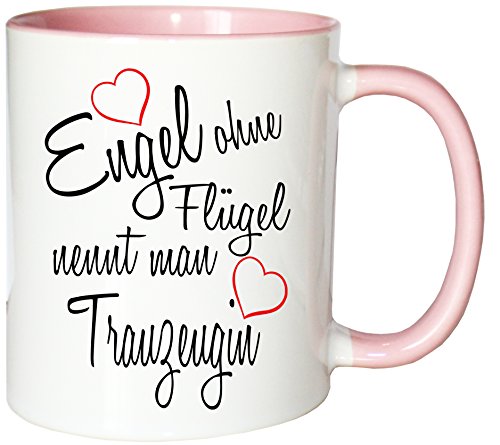 Mister Merchandise Kaffeebecher Tasse Engel ohne Flügel nennt Man Trauzeugin Hochzeit Freundin Ehe Heirat Hochzeitsantrag Teetasse Becher Weiß-Rosa von Mister Merchandise