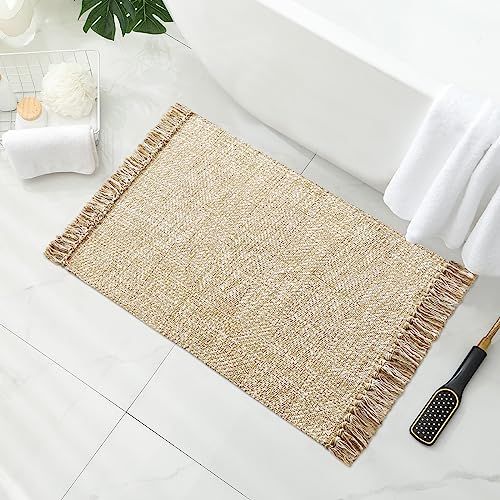 MitoVilla Kleiner Boho-Teppich für Badezimmer, 50x90 cm, Braun-Creme, Baumwolle, gewebt, für Wohnzimmer, modernes Bauernhaus, waschbar, Küchenteppiche, Bodenmatte mit Quaste für Eingangsbereich, Flur von MitoVilla