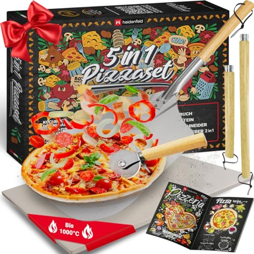 5in1 Pizza Set | Pizzastein für Backofen & Gasgrill - 2in1 Pizzaschieber - Pizzaschneider - Rezeptbuch - Pizza Zubehör - Pizzaschaufel - Pizzamaker - Pizza Stein aus Cordierit - Geschenkset (5in1) von Miweba