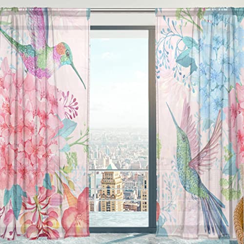 MNSRUU Transparente Gardine, Tropische Blumen Kolibris weichen Tüll Voile Vorhänge für Wohnzimmer Schlafzimmer 140 x 198 cm, 2er Set von Mnsruu
