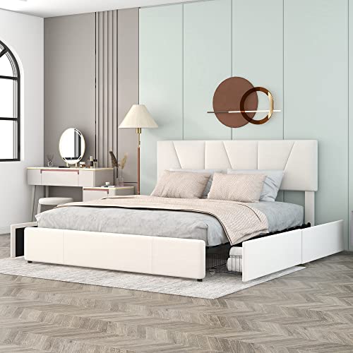 ModernLuxe Bett Samtstoff, Einzelbett/Doppelbett, Polsterbett mit Schubladen, Rückenlehne und Lattenrost, Höhenverstellbares Kopfteil,Jugendbett Gästebett (ohne Matratze) (Beige D, 160 x 200cm) von ModernLuxe