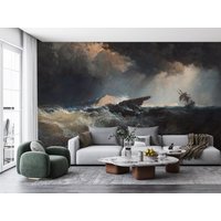 Dunkle Gothic Peel & Stick Tapete, Schwarzes Meer Schiff Entfernbare Ozeansturm Wellen Selbstklebendes Wandbild von ModernMural