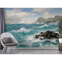Meereswellen Schälen Und Kleben Tapete, Meeresküste Klippen Abnehmbare Küsten Sturm Malerei Selbstklebendes Wandbild von ModernMural