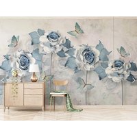 Blumen Und Schmetterlinge Tapete Schälen Kleben Blätter, Florales Wandbild, Blaue Vinyltapete, Blatt Leinwand von ModernMuralForYou