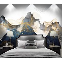 Luxus Tapete Blau Und Gold, Abstrakte Bergtapete Schälen Kleben Wandbild, Übergroßes Moderne Schlafzimmer von ModernMuralForYou