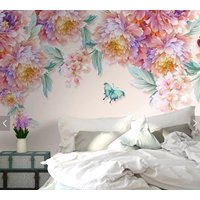 Pfingstrose Tapete Abziehen Und Aufkleben, Große Wand Blumen Wandbild, Boho Tapete, Florales Vinyl Leinwand von ModernMuralForYou