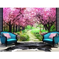 Selbstklebende Tapete Mit Rosa Bäumen, Temporäres Wandbild Farbenfrohen Alleen Zum Abziehen Und Aufkleben, Akzentuierende Blüten-Leinwandtapete von ModernMuralForYou