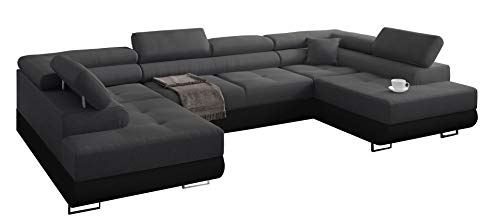 Ecksofa Miami U mit Schlaffunktion, Eckcouch mit Bettkasten, mit bettfunktion, Freistehendes Schlafsofa, 338 x 203 cm (Dunkelgrau + Schwarzer Kunstleder -EKO) von Möbel48.