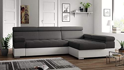 Ecksofa Paulo mit Schlaffunktion, Eckcouch mit Bettkasten, Freistehend schlafsofa, Schlafsofa mit bettfunktion,L-Form Ecksofa, Ottomane Rechts, 260 cm x 162 cm (Dunkelgrau + Weißer Kunstleder (EKO) von Möbel48.