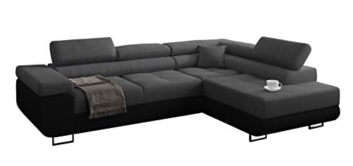 Miami Ecksofa Schlaffunktion, Eckcouch mit Bettkasten, Schlafsofa mit bettfunktion, L Form Couch, Ecksofa mit Bettkasten, Ottomane Rechts, 272 x 203 cm (Dunkelgrau + Schwarzer Kunstleder -EKO) von Miami