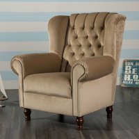 Federkern Wohnzimmer Sessel in Beige Samt Chesterfield Look von Möbel4Life