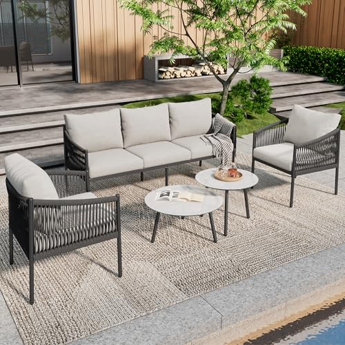Moimhear Gartenmöbel Set, Garten-Loungesessel-Set, 3-Sitzer-Sofa, 2 Sessel und 2 Couchtische, Glasplatte Marmor lackiert, handgeflochtenes Seil, verzinkter Stahl Moimhear Gartenmöbel Set, Garten-Loungesessel-Set, 3-Sitzer-Sofa, 2 Sessel und 2 Couchtische, Glasplatte Marmor lackiert, handgeflochtenes Seil, verzinkter Stahl von Moimhear