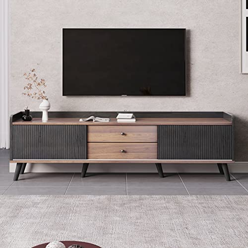 Moimhear TV-Schrank mit Zwei Schubladen, Fernsehtisch TV Board, TV- Lowboard niedrige Platte mit Zwei Schiebetüren. Exquisite Textur. Schwarz und natürliches Holzfarbe. H58/L160/T40 cm von Moimhear