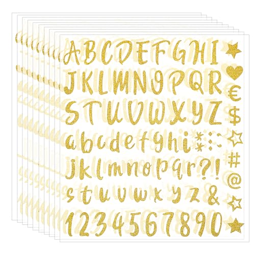 Molain 10 Blätter Glitzer Buchstaben Aufkleber, Wasserfeste Alphabet Aufkleber Selbstklebenden Buchstaben und Zahlen Sticker für Hochzeit Geburtstag Briefkasten DIY Scrapbooking(Gold) von Molain