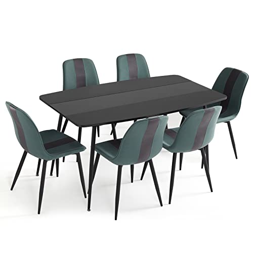 Mondeer Essgruppe, Moderner Esstisch und Polsterstuhl 6 mit Metallbeinen für Esszimmer Küche Wohnzimmer, B150 x H76,5 x T85 cm, Schwarz von Mondeer