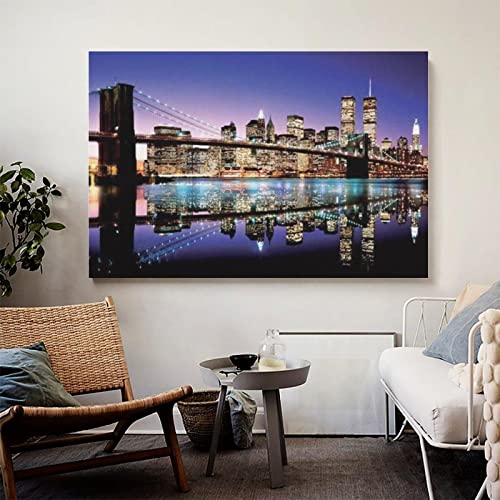 Brücke Kunstdruck auf Leinwand. Brooklyn Bridge Twilight Manhattan Twin Towers Night Landscape Canvas Plakat Bedroom Decor-70x90cm No Frame von Mondi Art Store