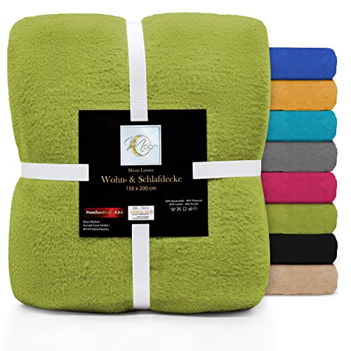 Moon Luxury Kuscheldecke, Wohndecke, Uni Decke aus Baumwoll-Mix (60%/40%) ca. 150x200 cm mit geketteltem Rand (grün) von Moon