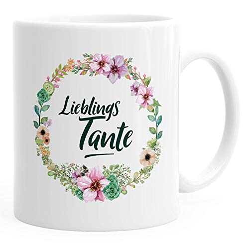 Kaffee-Tasse Geschenk-Tasse für Tante Lieblingstante Blumen Bordüre Blumenranke Blüten Familie MoonWorks® weiß unisize von MoonWorks