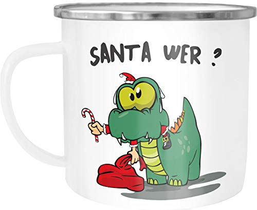 MoonWorks® Emaille-Tasse Dinosaurier frisst Santa Claus Spruch Santa Wer? Weihnachtsmann Emaille-Becher lustig weiß-metall Emailletasse von MoonWorks